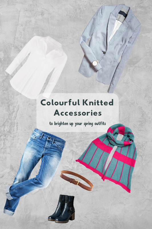 Flat lay of a smart casual outfit consisting of blue jeans, a brown leather belt, a fitted white shirt, a grey blazer and black boots. The outfit is brightened up with a turquoise and Cerise Pink Checkered Spuggy Designs Merino wool scarf