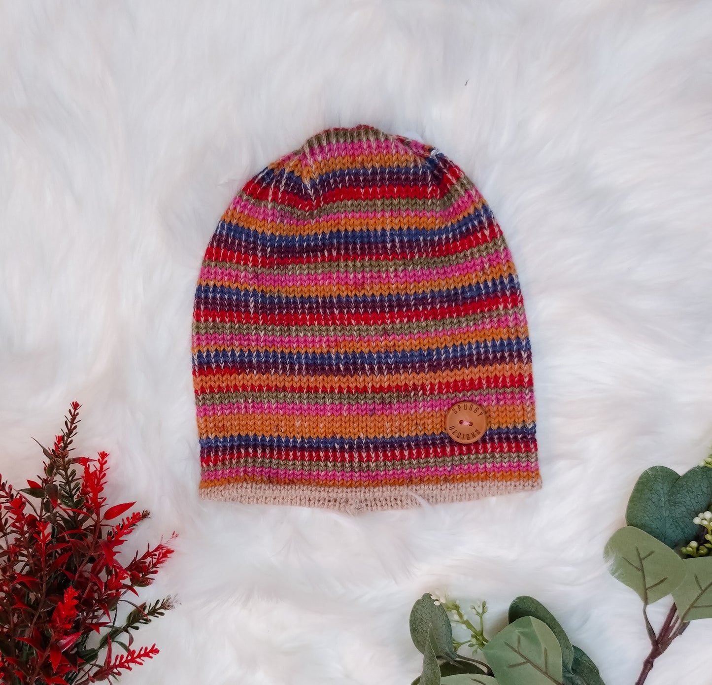 Autumn Rainbow Striped Beanie Hat – Handmade Merino & Wool Blend