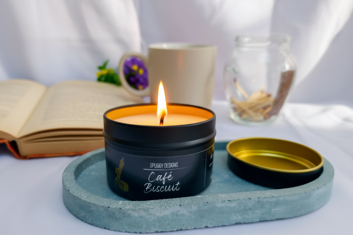 Café Biscuit hand-poured soy candle in black tin on a blue tray, caramel vanilla bakery scent