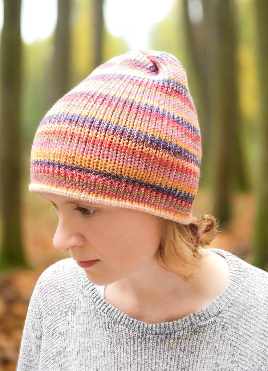 Autumn Rainbow Striped Beanie Hat – Handmade Merino & Wool Blend