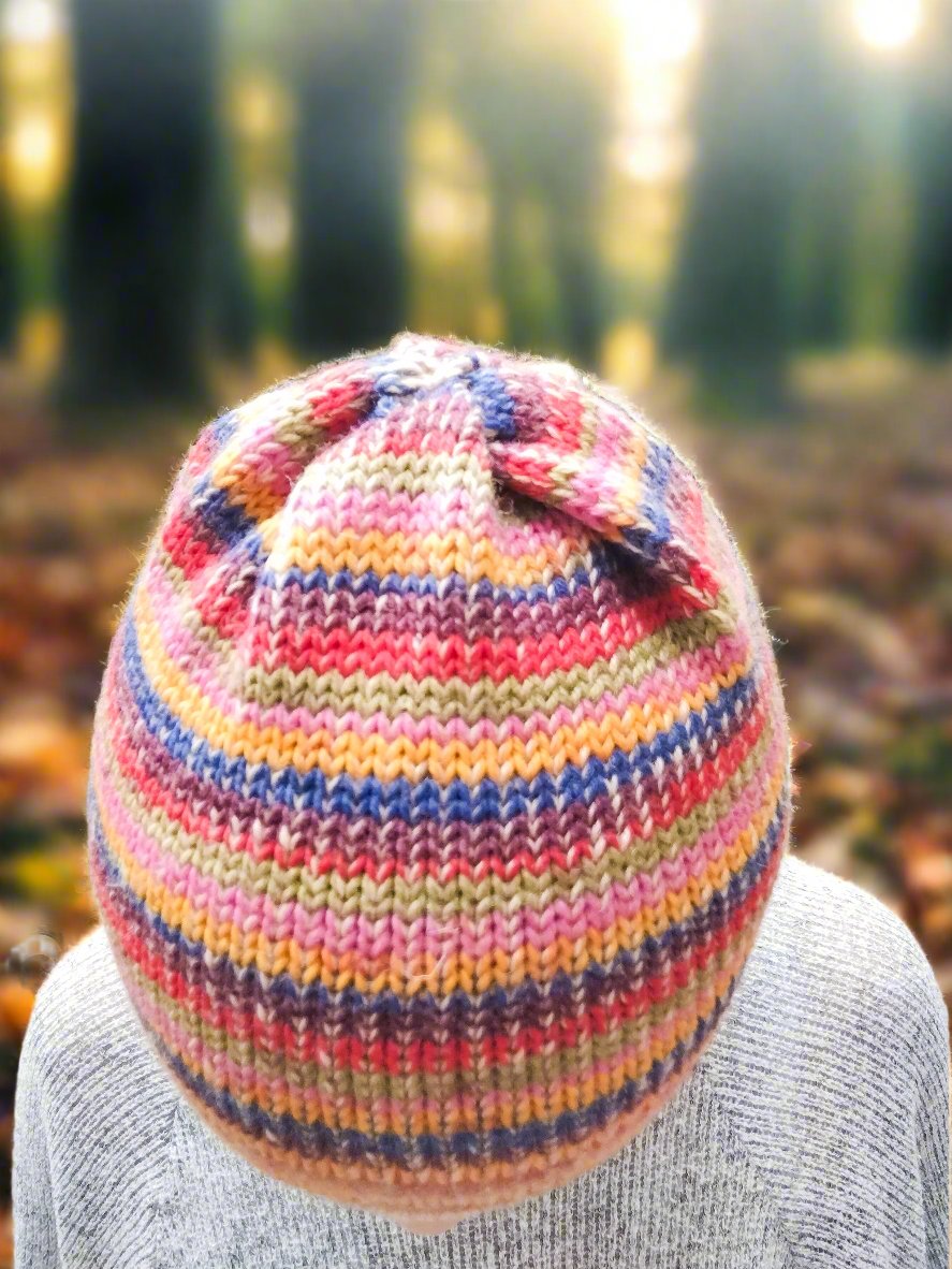 Autumn Rainbow Striped Beanie Hat – Handmade Merino & Wool Blend