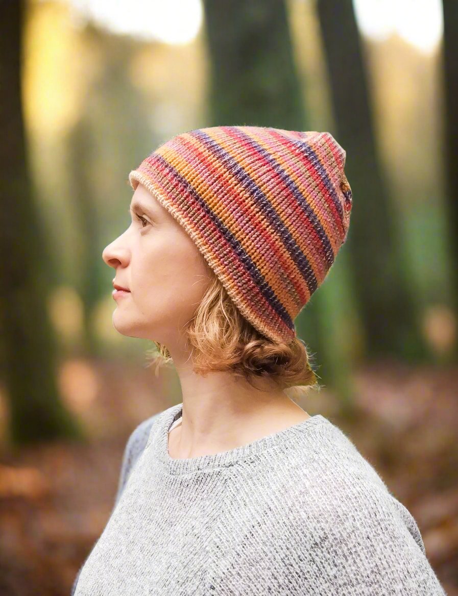 Autumn Rainbow Striped Beanie Hat – Handmade Merino & Wool Blend