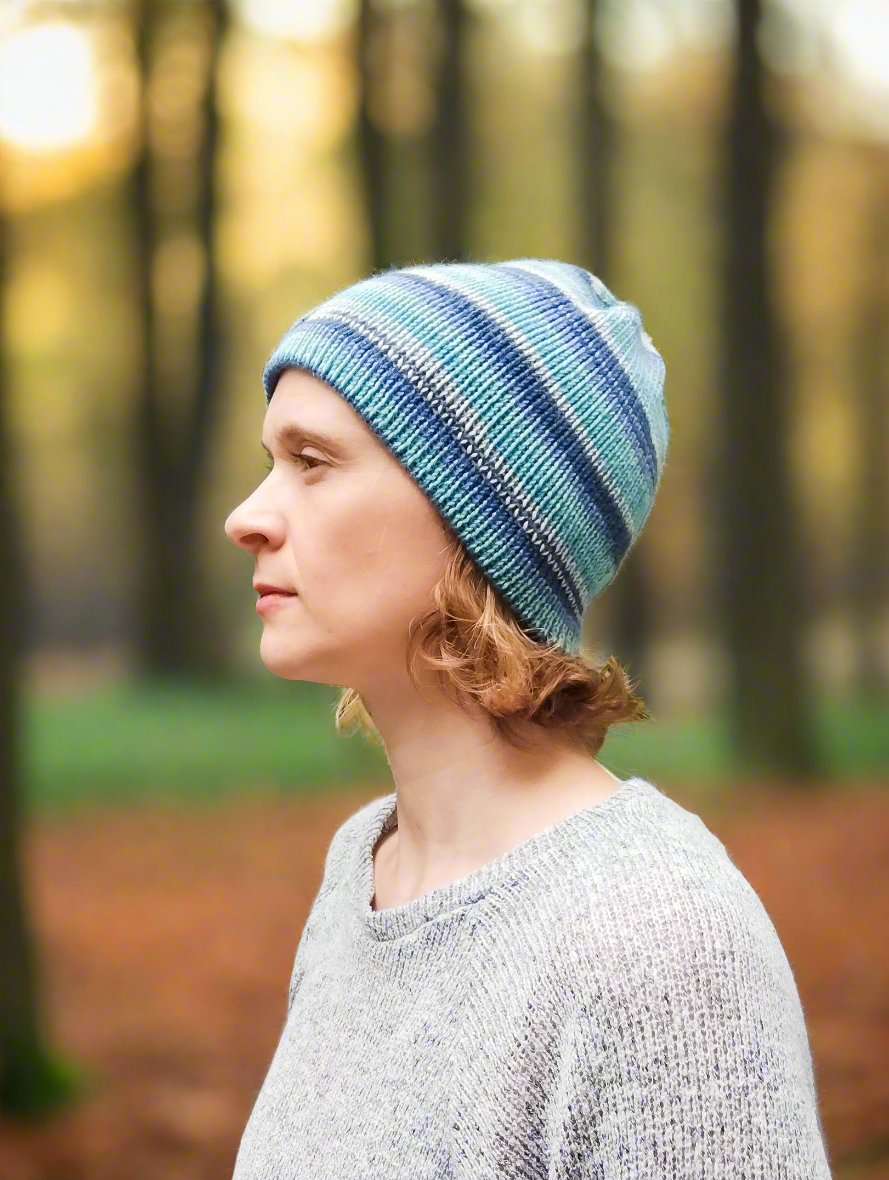 Winter Ice Striped Beanie Hat – Handmade, Cosy & Colourful