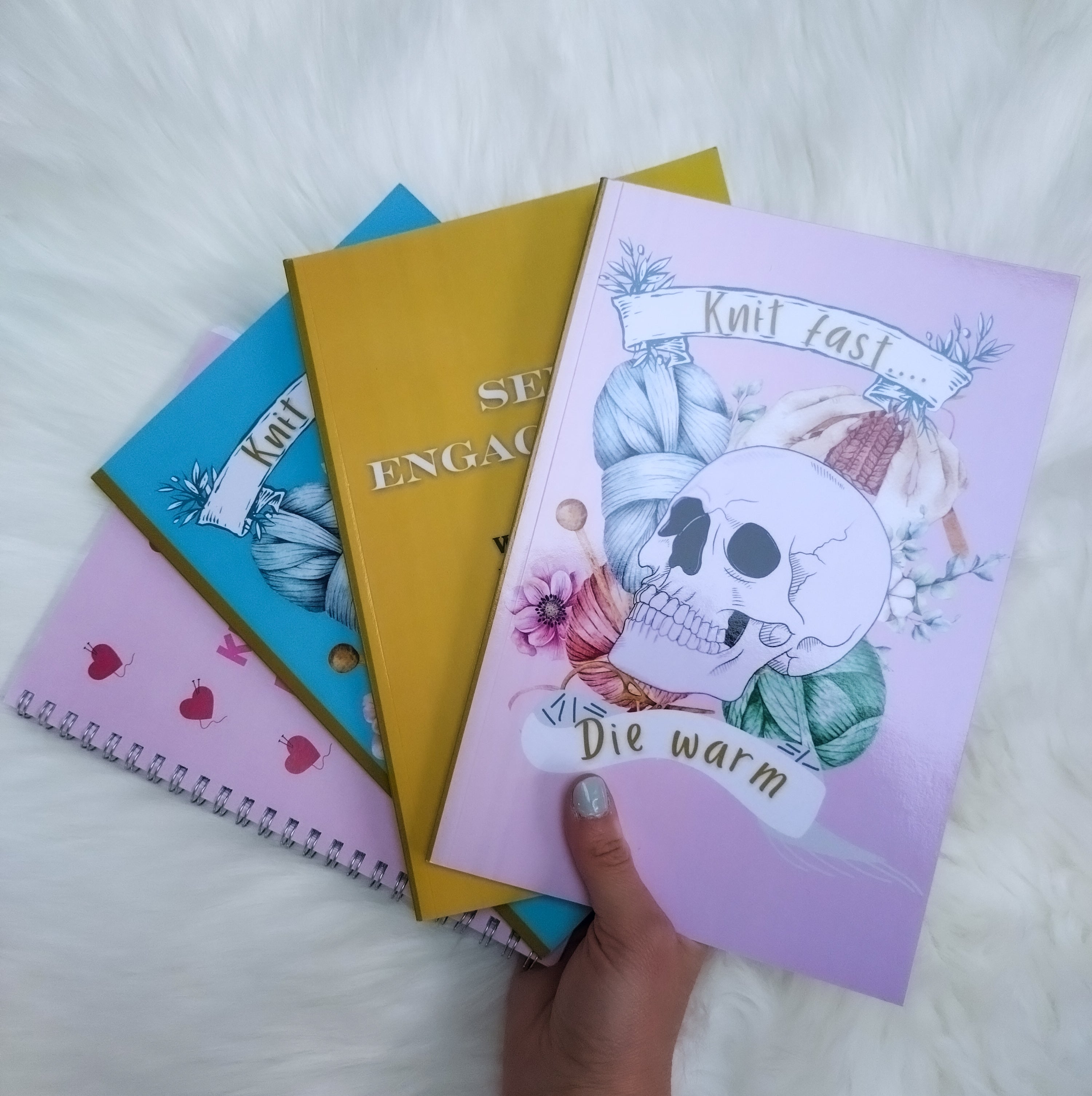 Quirky, useful notebooks and notepads for knitters or students. Self engagement self improvement journal, knitting pattern book.