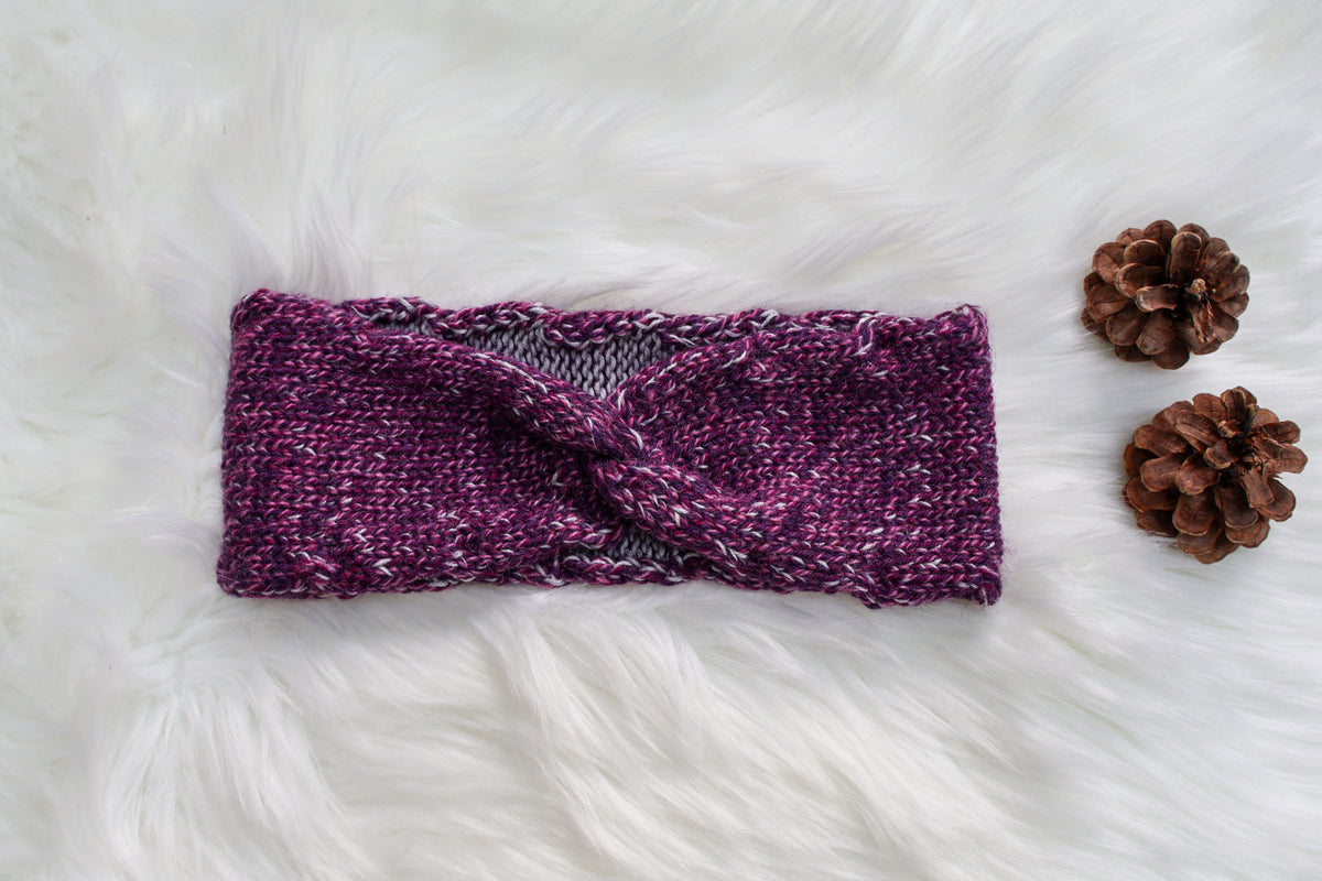 Purple twist Merino Wool Headband sample, Handmade Ear Warmers with plum and silver-grey merino