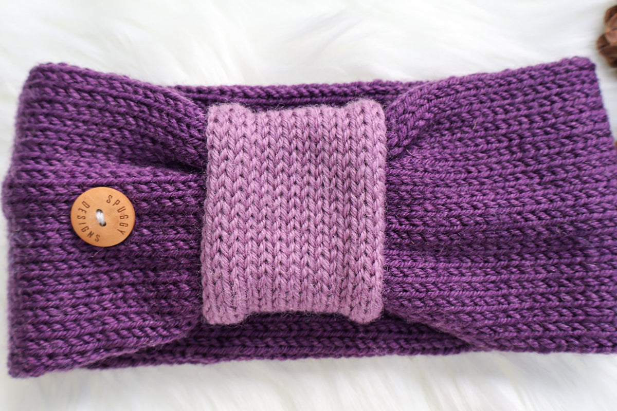 Wide purple Merino Wool Headband worn style view, Handmade Ear Warmers for teens