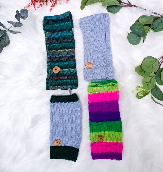 A selection of ready-to-ship knitted wool wrist warmers, from sustainable knitwear brand Spuggy Designs.
