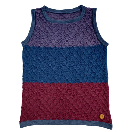 Twilight colourway of Spuggy Designs knitted vest.
Bold colour blocks in Navy, wine red, and dark lilac. Cuffs in Steel blue.
Sustainable knitwear.