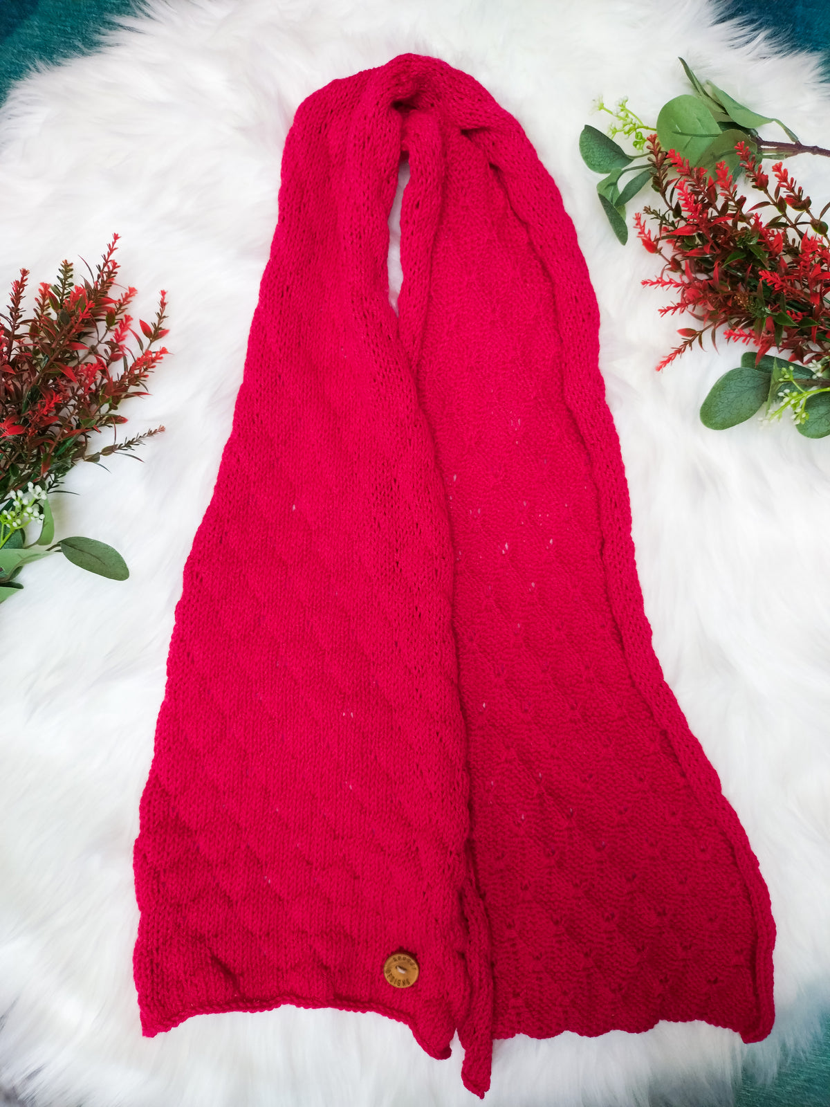 SALE: Cherry Red Reversible Scarf – Merino Wool & Linen, Handmade in the UK