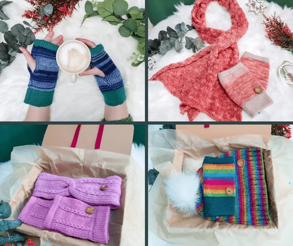 Spuggy Designs sustainable knitwear. Perfect for handmade Christmas gifts. Photo shows knitted fingerless gloves, coral scarf and fingerless gloce set, pink braid cable gift set, and a Vivid Rainbow gift set. Gift for him, her, teens, and unisex.