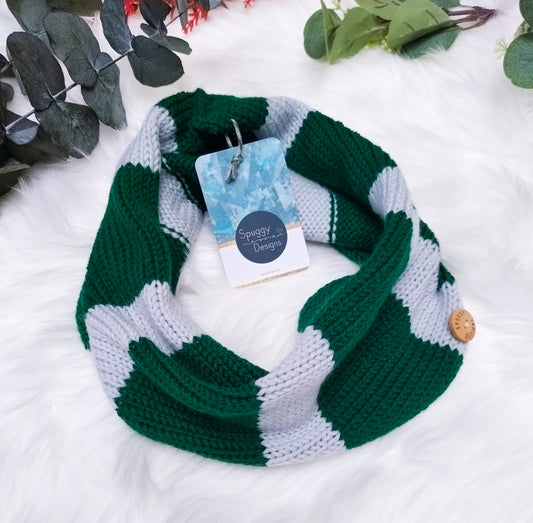 SALE: Bold Stripe Merino Snood - Green & Grey