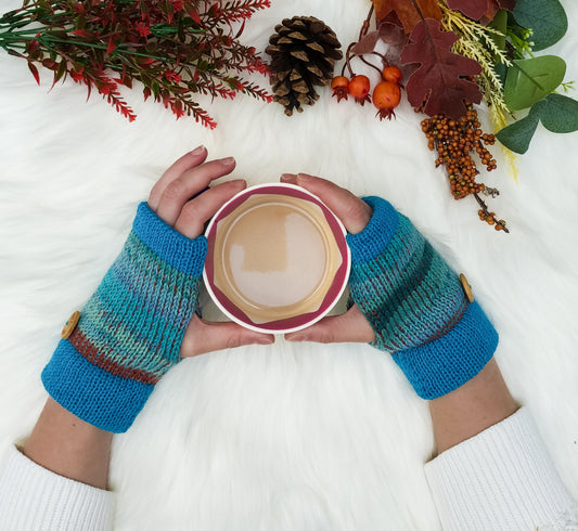 Kingfisher Wool Hand Warmers – Bright & Durable Fingerless Gloves – Sustainable Gift for Him or Her