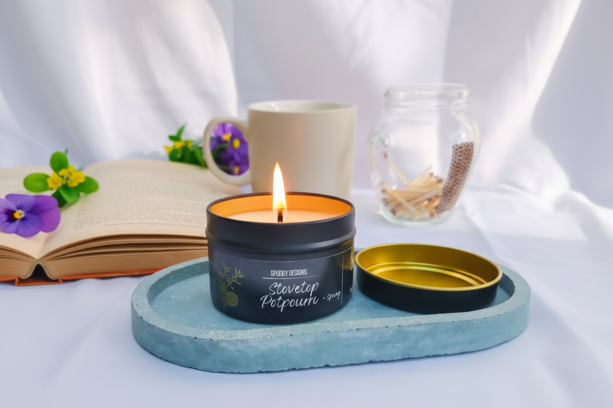Soy candle in a tin with a lit wick on a blue tray, surrounded by a book, mug, and jar.
