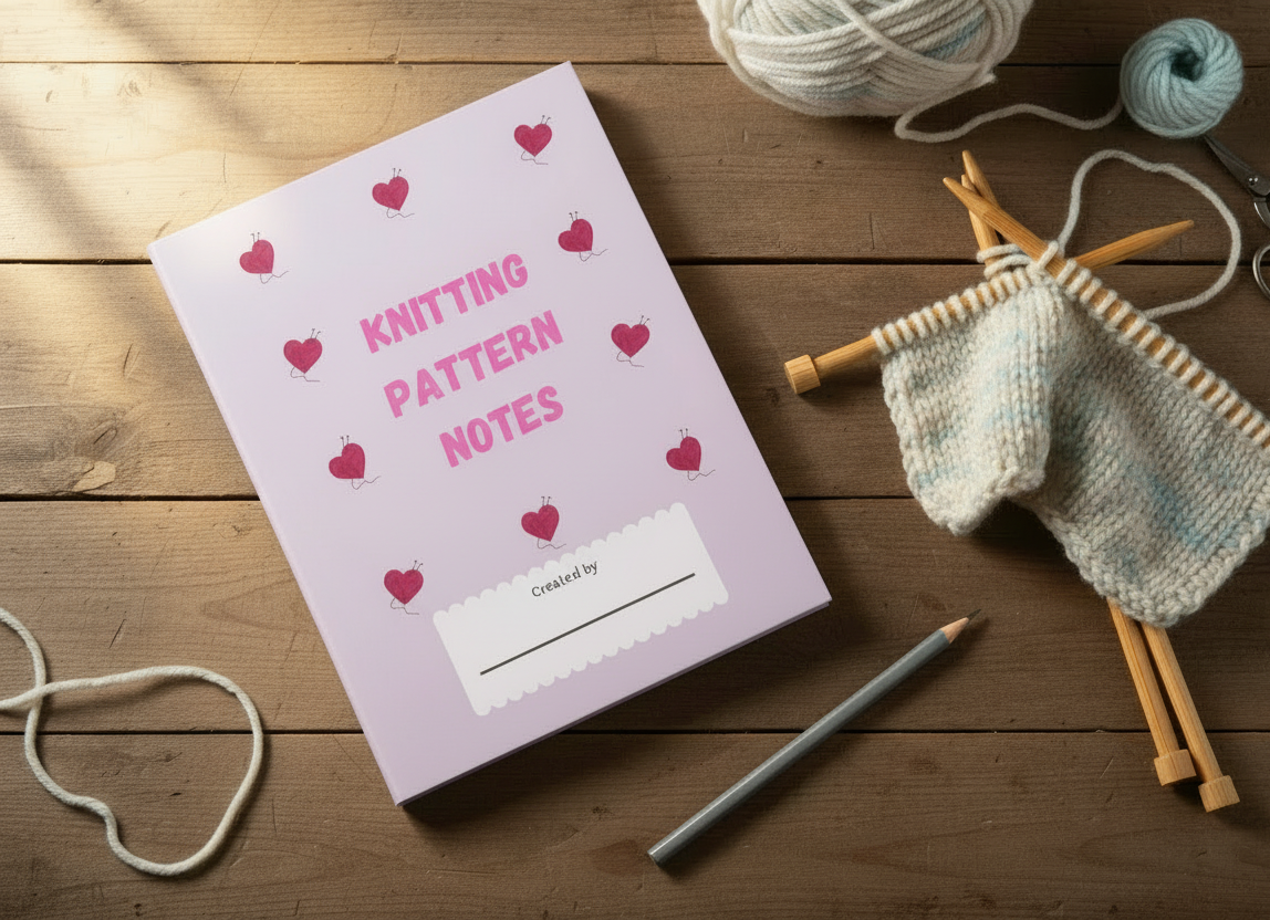Knitting pattern note book on a craft able