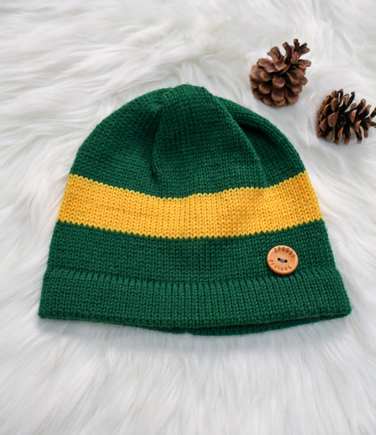 SALE: Merino Bold Stripe Beanie Hat - Green & Yellow