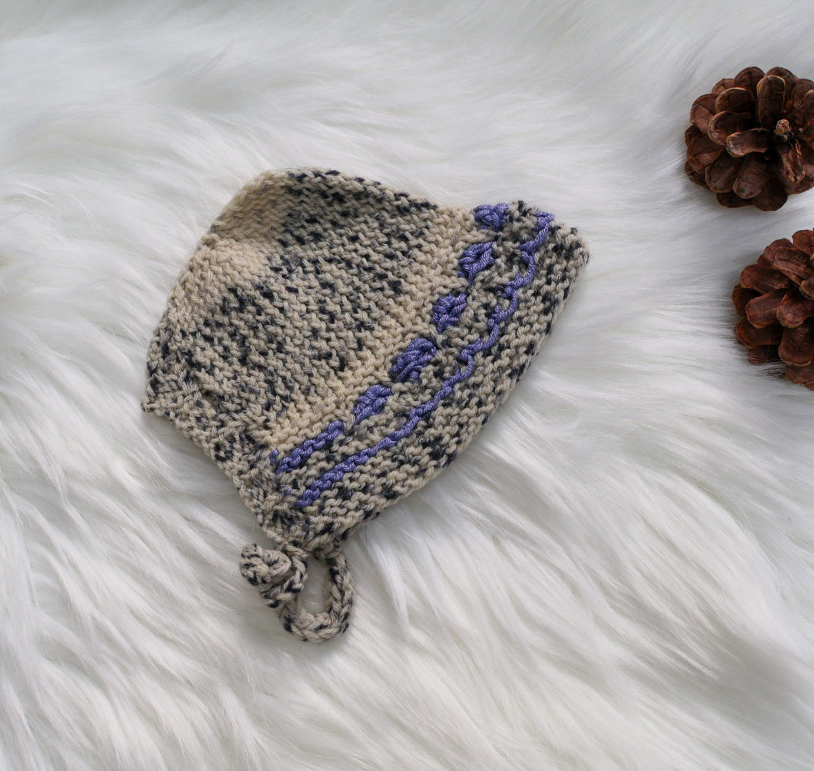 SALE: Bamboo & Wool Baby Bonnet Newborn - Speckled & Purple