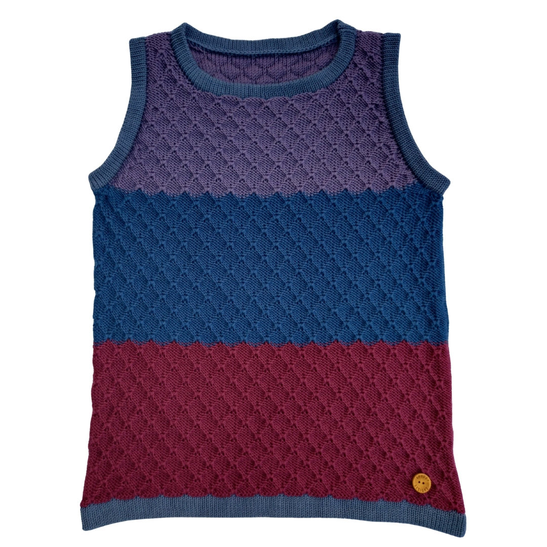 Twilight colourway of Spuggy Designs knitted vest.
Bold colour blocks in Navy, wine red, and dark lilac. Cuffs in Steel blue.
Sustainable knitwear.