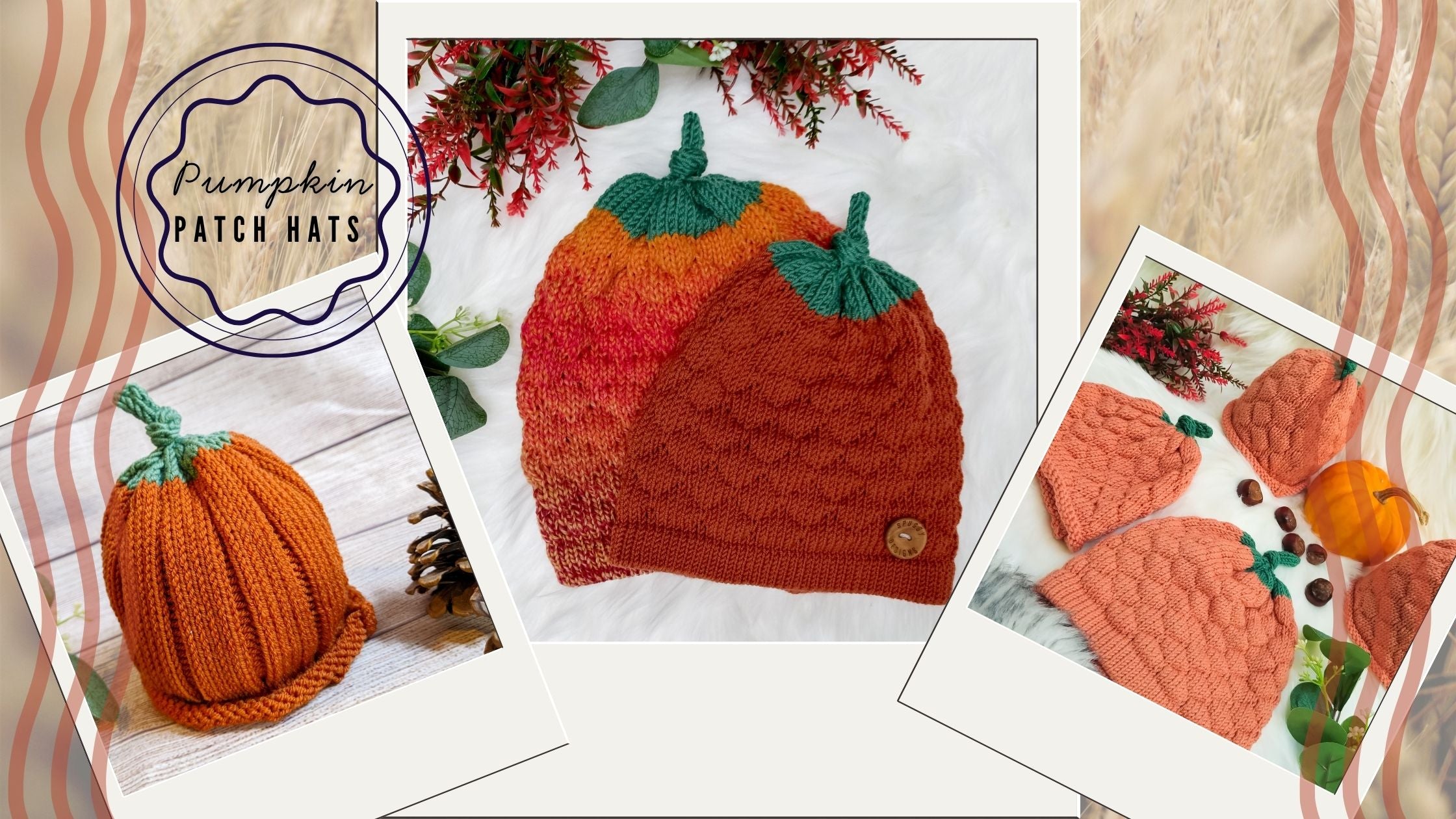 Sustainable knitted pumpkin hats with green stems on a wooden and fur surface, branded 'Pumpkin Patch Hats'. Hat, baby, and toddler sizes pictured.