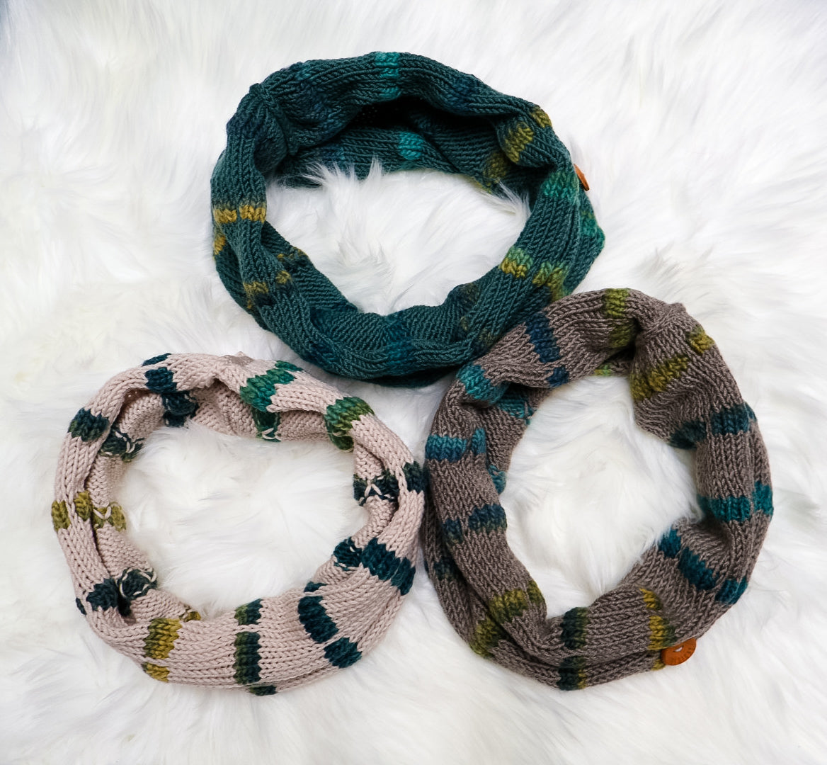 Woodlands Merino Wool Spotty Snood – Ecru, Pine Green & Desert Brown | Handmade Knitted Neck Warmer