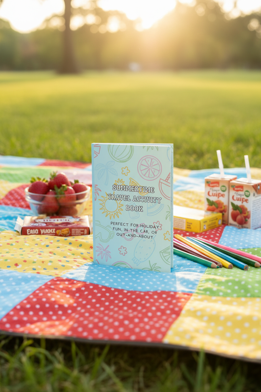 Summertime travel activity book with colorful designs on a light blue background