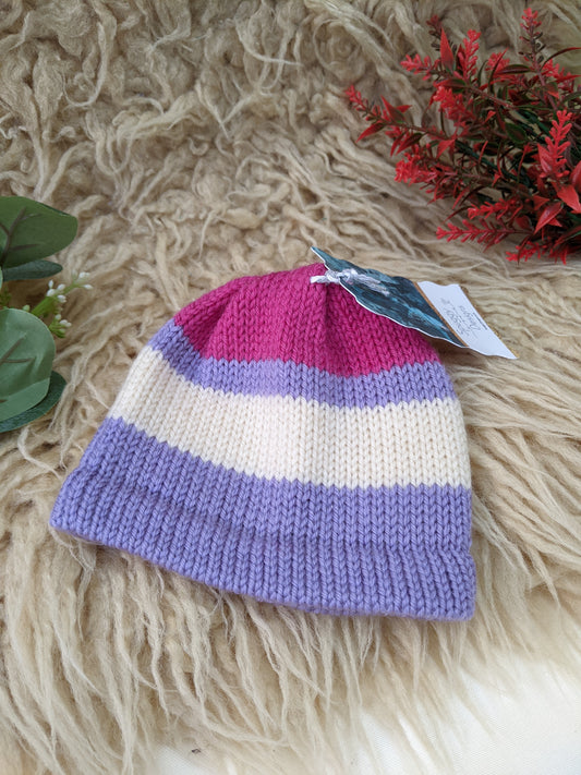 Baby Bold Stripe Merino Beanie Hat - Lilac & Pink