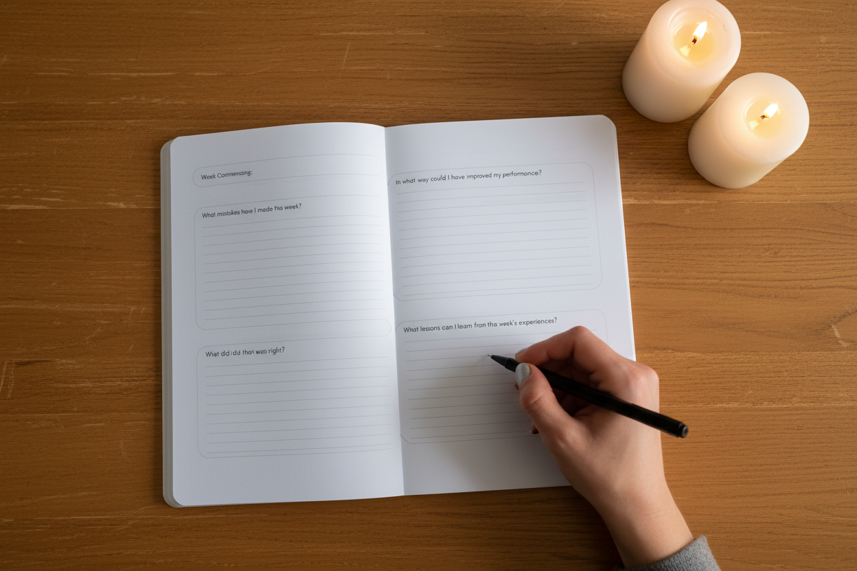 Hand writing in a notebook on a wooden table with two candles. AI generated image.