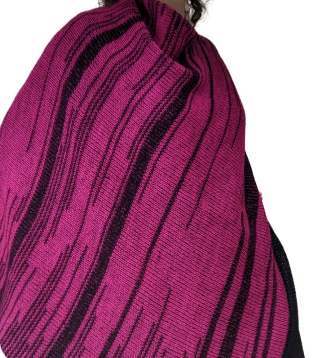 Megenta pink and navy poncho with broken stripes. British wool